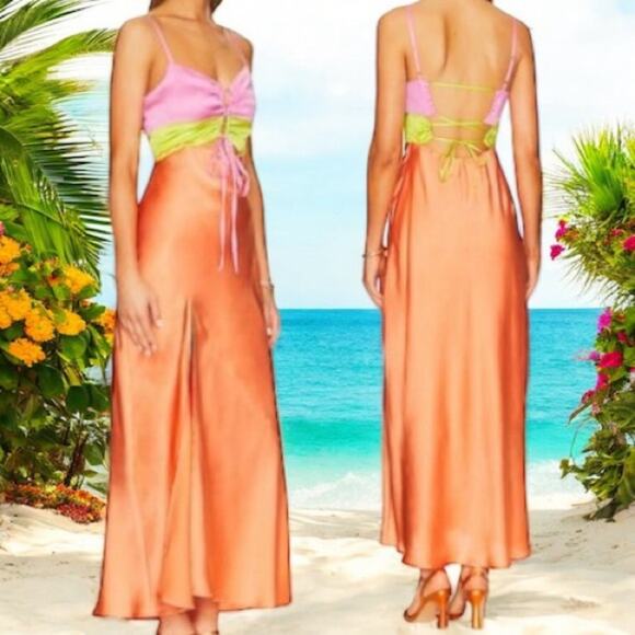Show Me Your Mumu Calloway Cut Out Dress Cantaloupe SMALL Satin Slit $198 NEW - Picture 6 of 6
